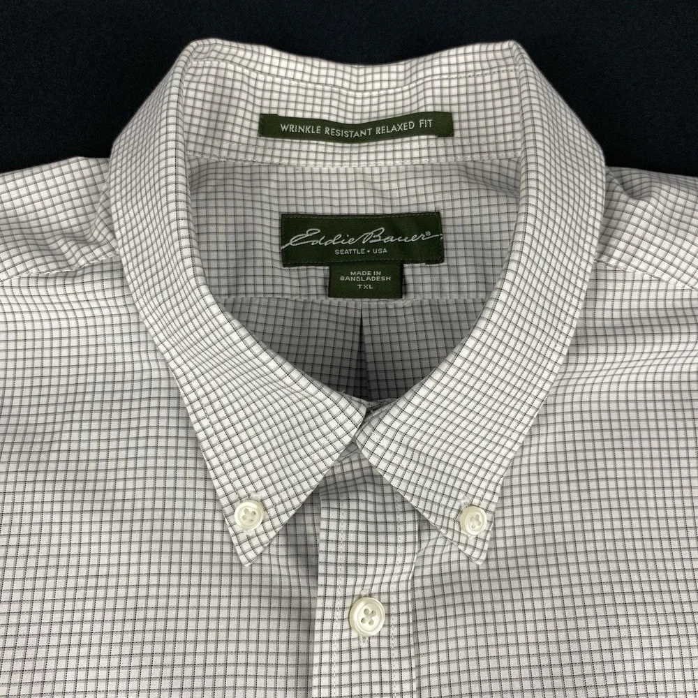 Eddie Bauer Shirt Mens XLT White w/Gray Checks Relaxed Fit Wrinkle Resistant